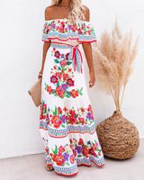 Women's Swing Dress Vintage Style Off Shoulder Printing Short Sleeve Flower Maxi Long Dress Daily Party main image 4