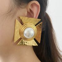 1 Pair Exaggerated Cross Plating Inlay Alloy Artificial Pearls Gold Plated Ear Studs main image 1