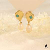 1 Pair Elegant Luxurious Irregular Plating Inlay Freshwater Pearl Copper Turquoise Zircon 18k Gold Plated Drop Earrings sku image 3