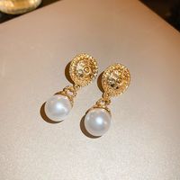 1 Pair Retro Simple Style Round Flower Inlay Alloy Pearl Drop Earrings main image 6