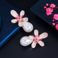 1 Pair Romantic Sweet Flower Plating Inlay Copper Pearl Zircon Rhodium Plated Silver Plated Drop Earrings main image 4