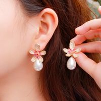 1 Pair Romantic Sweet Flower Plating Inlay Copper Pearl Zircon Rhodium Plated Silver Plated Drop Earrings main image 3