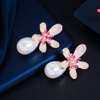 1 Pair Romantic Sweet Flower Plating Inlay Copper Pearl Zircon Rhodium Plated Silver Plated Drop Earrings main image 5