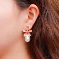 1 Pair Romantic Sweet Flower Plating Inlay Copper Pearl Zircon Rhodium Plated Silver Plated Drop Earrings main image 10