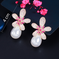 1 Pair Romantic Sweet Flower Plating Inlay Copper Pearl Zircon Rhodium Plated Silver Plated Drop Earrings main image 2
