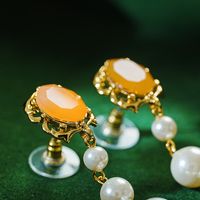 1 Pair Glam Sweet Oval Beaded Plating Inlay Alloy Glass Stone 18k Gold Plated Drop Earrings main image 3
