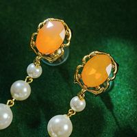1 Pair Glam Sweet Oval Beaded Plating Inlay Alloy Glass Stone 18k Gold Plated Drop Earrings main image 4