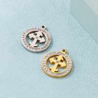 1 Piece Stainless Steel Rhinestones 18K Gold Plated Cross Round main image 3