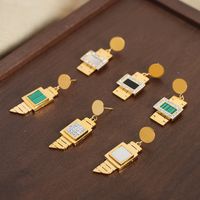 1 Pair Casual Elegant Simple Style Square Plating Inlay Turquoise Titanium Steel Artificial Diamond Turquoise Shell 18k Gold Plated Drop Earrings main image 6