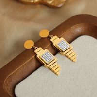 1 Pair Casual Elegant Simple Style Square Plating Inlay Turquoise Titanium Steel Artificial Diamond Turquoise Shell 18k Gold Plated Drop Earrings main image 5