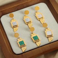 1 Pair Casual Elegant Simple Style Square Plating Inlay Turquoise Titanium Steel Artificial Diamond Turquoise Shell 18k Gold Plated Drop Earrings main image 7
