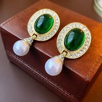 1 Pair Simple Style Oval Inlay Alloy Turquoise Drop Earrings main image 3