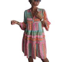 امرأة فستان عادي غير رسمي ملابس الشارع رقبة على شكل V 3/4 طول الأكمام كتلة اللون فوق الركبة اليومي main image 5
