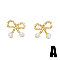 1 Paire Style Moderne Style Simple Lapin Fleur Noeud D'arc Placage Incruster Le Cuivre Perle Zircon Plaqué Or 18k Boucles D'oreilles main image 4