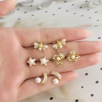 1 Pair Simple Style Star Petal Bee Plating Inlay Copper Zircon 18k Gold Plated Ear Studs main image 1