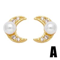 1 Pair Modern Style Simple Style Round Moon Plating Inlay Copper Artificial Pearls Zircon 18k Gold Plated Ear Studs main image 6