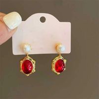 1 Pair Vintage Style Oval Plating Inlay Alloy Gem Pearl Gold Plated Drop Earrings main image 1