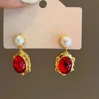 1 Pair Vintage Style Oval Plating Inlay Alloy Gem Pearl Gold Plated Drop Earrings main image 4