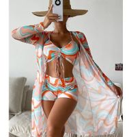 Women's Beach Stripe Leaves Printing 3 Pieces Set Bikinis Swimwear main image 2