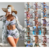 Women's Beach Stripe Leaves Printing 3 Pieces Set Bikinis Swimwear main image 1
