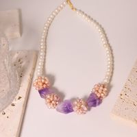 Casual Sweet Flower Baroque Pearls Beaded Crystal 18k Gold Plated Necklace main image 4