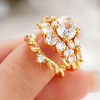 Ig Style Shiny Round Leaves Copper Inlay Zircon Rings main image 4