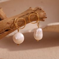 1 Pair Vintage Style Simple Style Classic Style Solid Color Plating Stainless Steel Freshwater Pearl 18k Gold Plated Drop Earrings main image 3