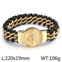 Retro Color Block Stainless Steel Pu Leather Plating 18K Gold Plated Men's Bangle sku image 3