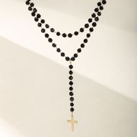 304 Stainless Steel Plastic 18K Gold Plated Black Gun XUPING Punk Simple Style Beaded Inlay Cross Artificial Gemstones Double Layer Necklaces main image 9