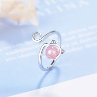 Wholesale Cute Cat Copper Inlay White Gold Plated Strawberry Quartz Open Rings main image 5