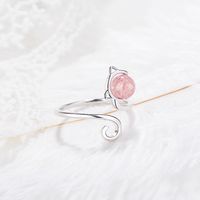 Wholesale Cute Cat Copper Inlay White Gold Plated Strawberry Quartz Open Rings main image 4