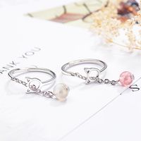Wholesale Cute Cat Copper Plating Inlay Moonstone Strawberry Quartz Open Rings main image 1