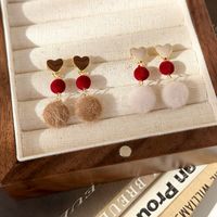 1 Pair Princess Sweet Round Heart Shape Enamel Plating Alloy Resin Hairball Gold Plated Drop Earrings main image 10