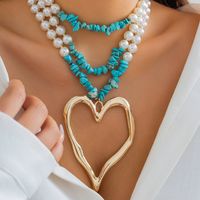 Retro Exaggerated Cool Style Irregular Round Heart Shape Imitation Pearl Alloy Turquoise Beaded Layered Women's Layered Necklaces main image 6