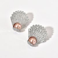 1 Pair Lady Shell Plating Inlay Copper Artificial Pearls Zircon White Gold Plated Ear Studs main image 5