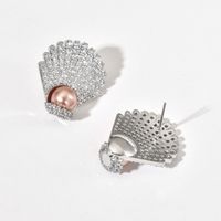 1 Pair Lady Shell Plating Inlay Copper Artificial Pearls Zircon White Gold Plated Ear Studs main image 4