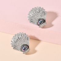 1 Pair Lady Shell Plating Inlay Copper Artificial Pearls Zircon White Gold Plated Ear Studs main image 3