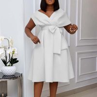 Women's Party Dress Elegant V Neck Belt Ruched Short Sleeve Solid Color Knee-length Banquet main image 4