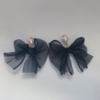 1 Paire Sucré Forme De Cœur Noeud D'arc Chiffon Perles Artificielles Femmes Boucles D'oreilles sku image 1
