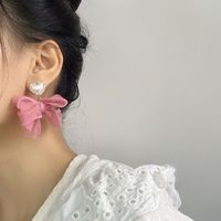 1 Pair Sweet Heart Shape Bow Knot Cloth Artificial Pearls Women's Drop Earrings main image 2