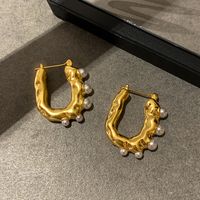 Retro U-form Messing Perle Überzug Reif Ohrringe 1 Paar sku image 1