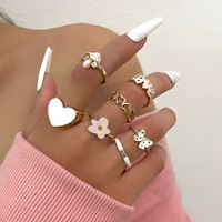 7 Pieces Sweet Letter Heart Shape Flower Alloy Enamel Inlay Rhinestones Women's Rings sku image 1