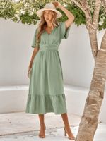 Mujeres Falda Acampanada Estilo Clásico Cuello En V Manga Corta Color Sólido Vestido A Media Pierna Casual sku image 11