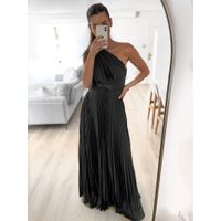 Women's A-line Skirt Elegant Off Shoulder Pleated Sleeveless Stripe Solid Color Maxi Long Dress Daily main image 5