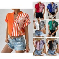 Women's Blouse Short Sleeve T-shirts Printing Contrast Binding Fashion Stripe Flower main image 1