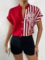 Women's Blouse Short Sleeve T-shirts Printing Contrast Binding Fashion Stripe Flower main image 4