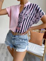 Women's Blouse Short Sleeve T-shirts Printing Contrast Binding Fashion Stripe Flower main image 3
