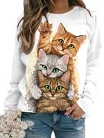 Mujeres Sudadera Manga Larga Camisetas Impresión Moda Gato main image 4