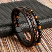 Fashion Round Pu Leather Alloy Tiger Eye Beaded Men's Bracelets sku image 6