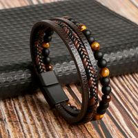 Fashion Round Pu Leather Alloy Tiger Eye Beaded Men's Bracelets sku image 4